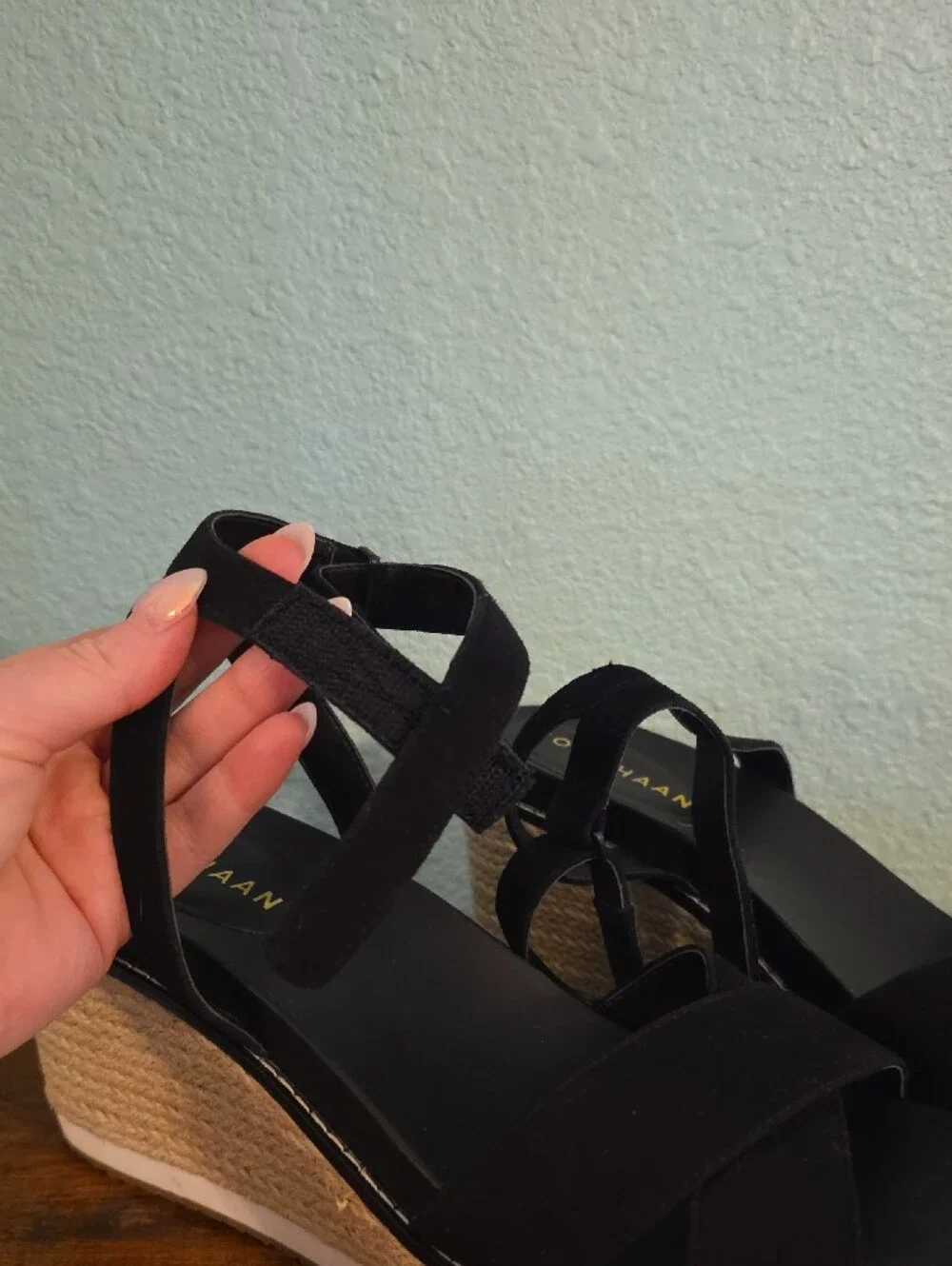 Cole Haan Black Suede Espadrille Wedge Sandals